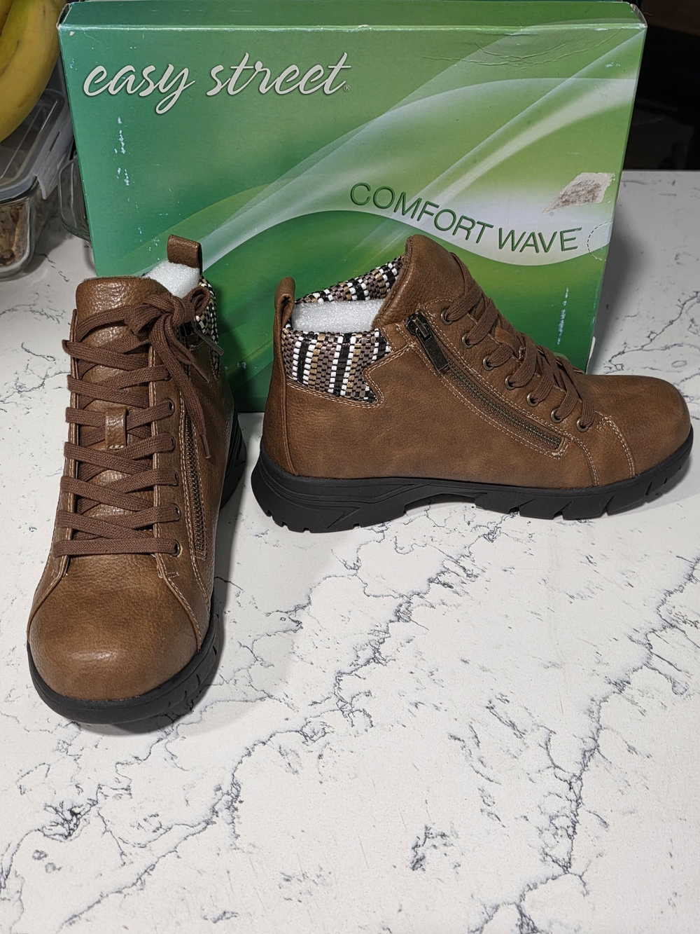 easy street Brown Lace-Up Faux Leather Ankle Boots with Patterned Collar